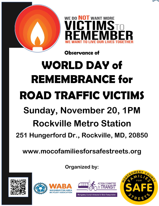 World Day of Remembrance; Sunday, November 20, 2022, 1PM, Rockville Metro Station